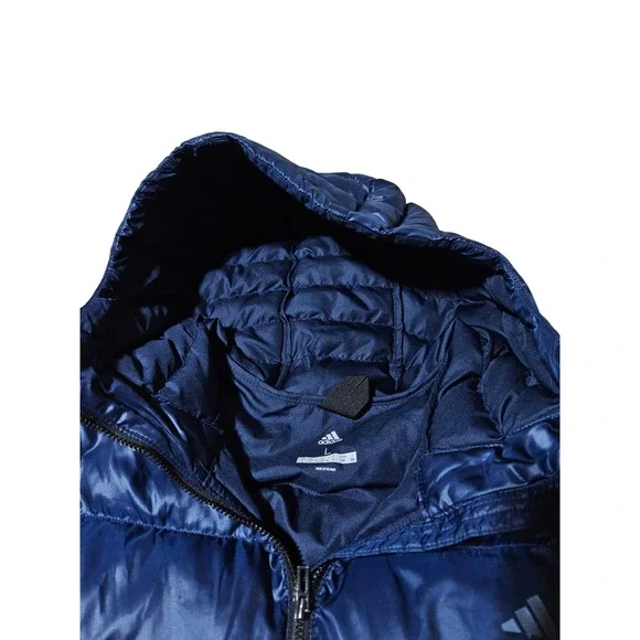 Adidas Itavic 3-Stripes Mens L Blue Hooded Puffer Jacket Full Zip Winter Coat